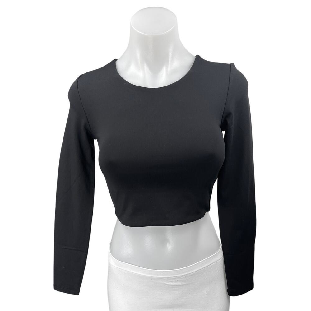 Aritzia Babaton Contour Black Long Sleeve Crew Neck Crop Shirt Sweater Top Sz S